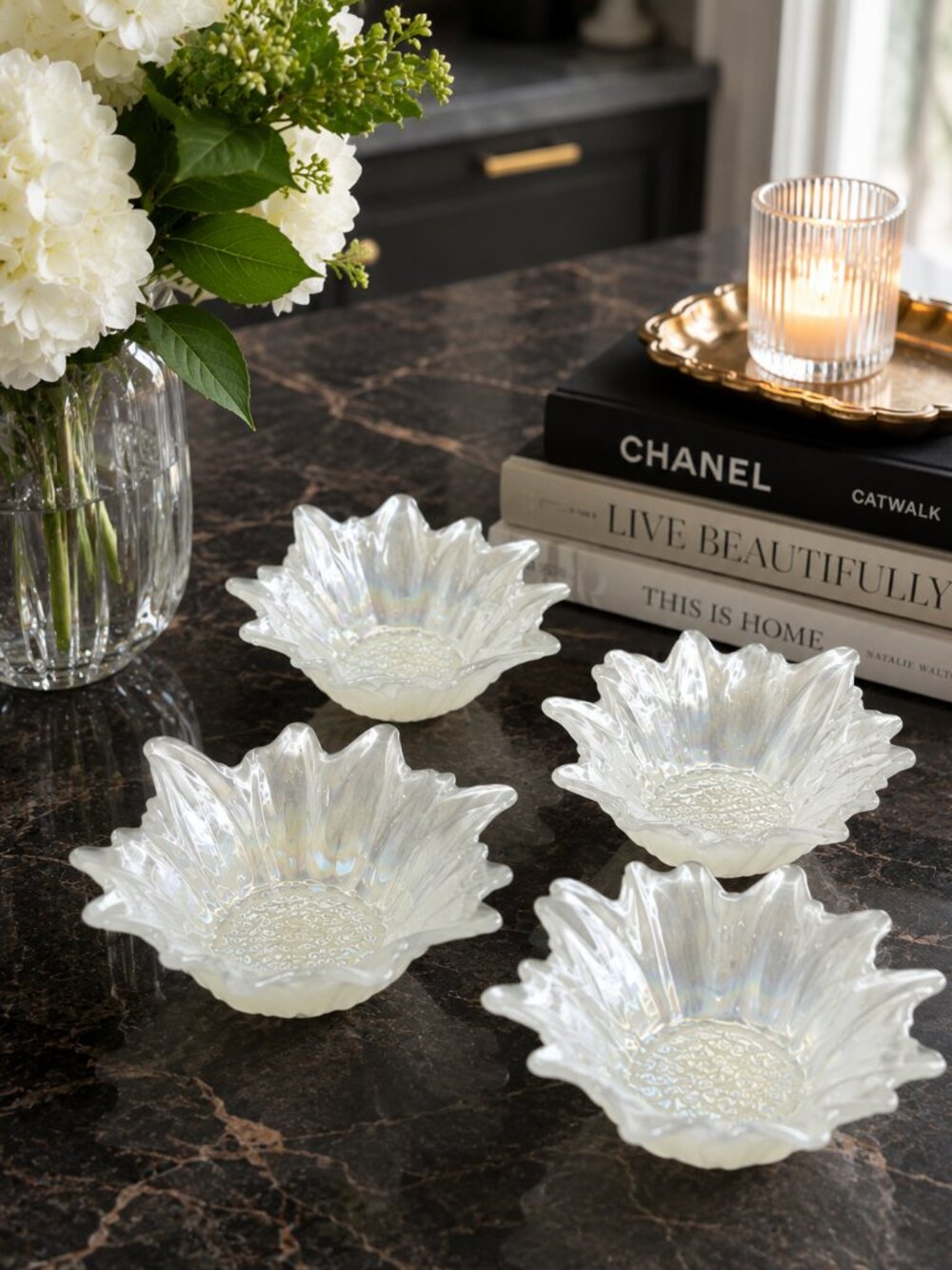 Vietri Onda Iridescent Ruffled Art Glass Bowl Italy Pearl Scalloped 6.75"